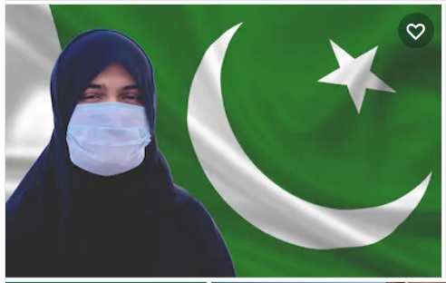 پاکستانی پرچم اور باحجاب پاکستانی لڑکی ماسک اوڑھے ہوئے
