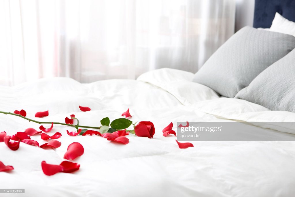 سفید بستر، گلاب کا پھول اور گلاب کی پتیاں