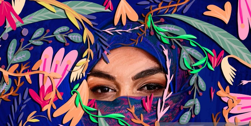 خوبصورت باحجاب عورت پھولوں کے درمیان